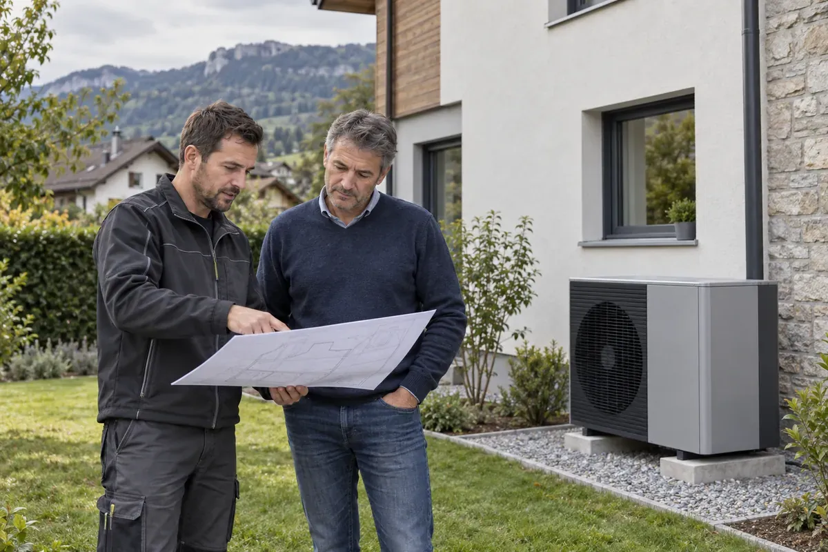 Installateur examinant le plan d’implantation d’une pompe à chaleur près d’une maison suisse romande