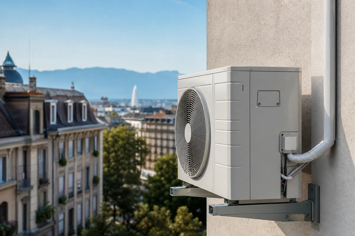 Unité extérieure de climatisation installée sur une façade à Genève