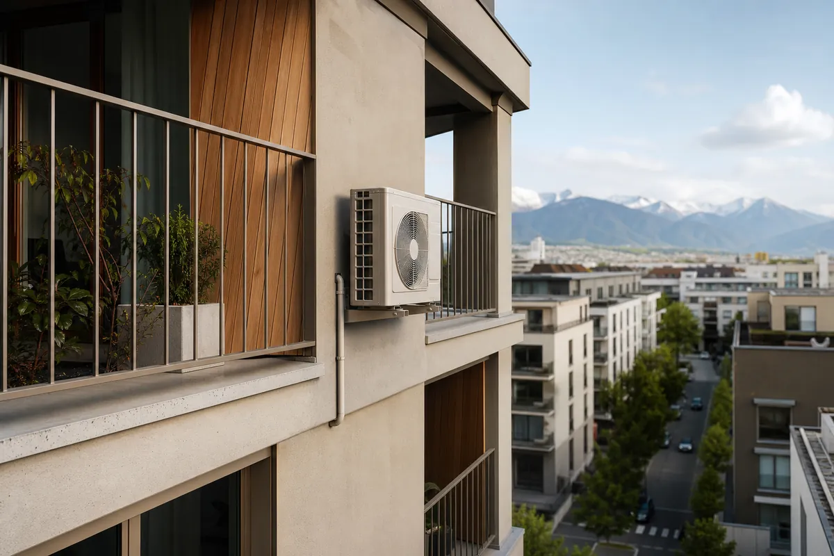 Unité extérieure de climatisation installée discrètement sur balcon d'appartement en Suisse romande avec architecture typique
