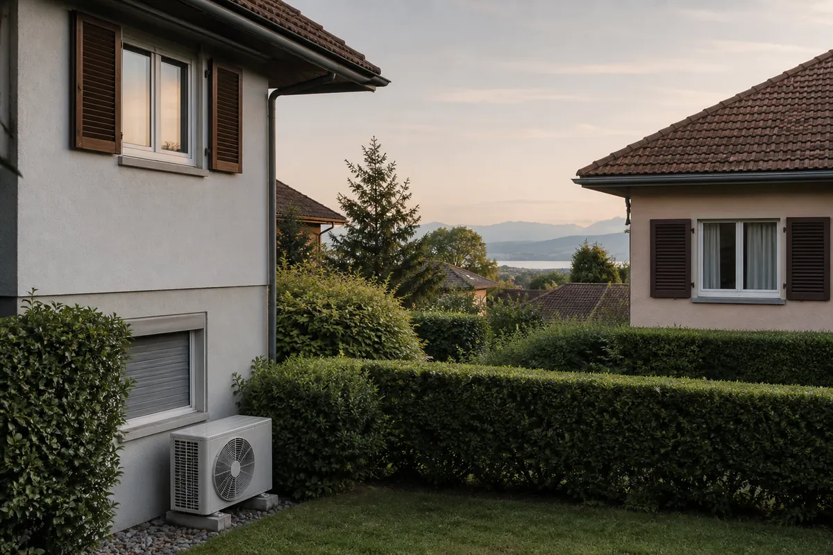 Maison résidentielle vaudoise avec unité extérieure de climatisation et habitation voisine séparées par une haie, paysage du Léman et du Jura en arrière-plan