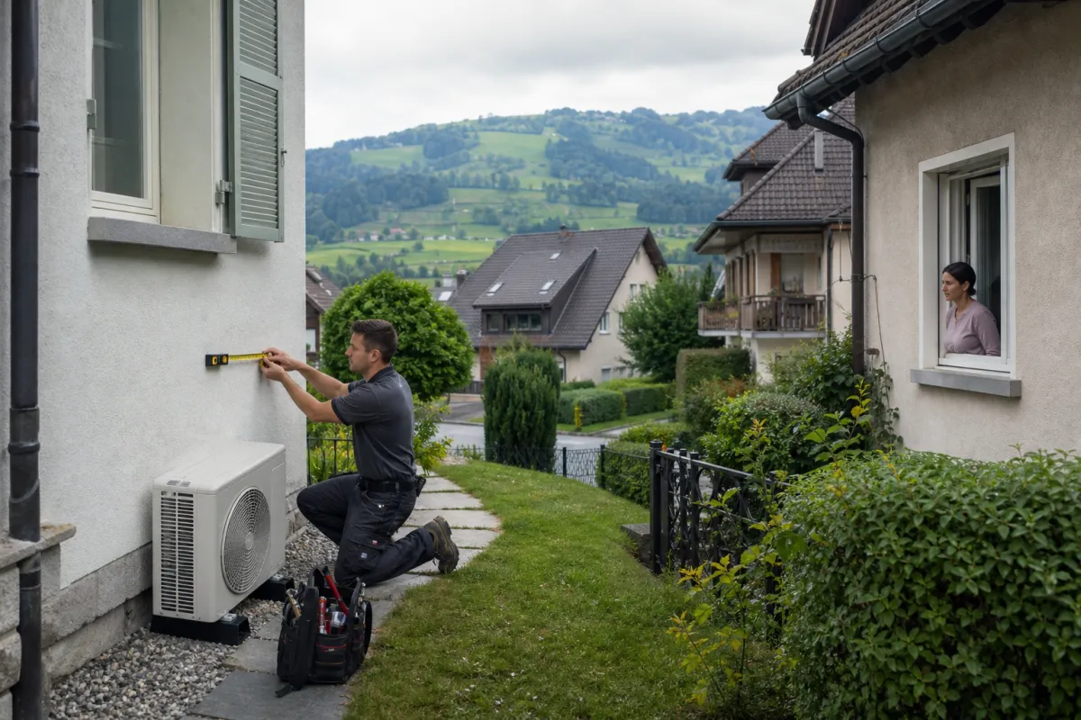 Installateur mesurant l'emplacement d'une unité extérieure près d'une maison à Bulle, avec les collines de la Gruyère en arrière-plan
