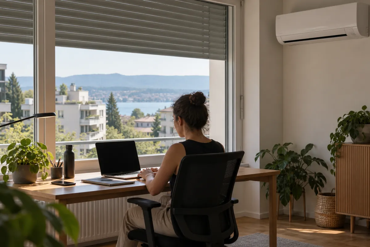 Bureau à domicile dans un appartement suisse romand avec split mural latéral, stores extérieurs et relief du Léman en arrière-plan