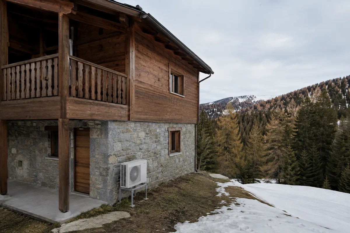 Chalet suisse romand en altitude avec unité extérieure de climatisation, neige résiduelle et relief boisé