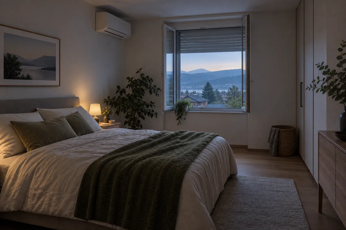 Chambre d’un appartement suisse romand avec split mural discret, fenêtre entrouverte et relief boisé au petit matin