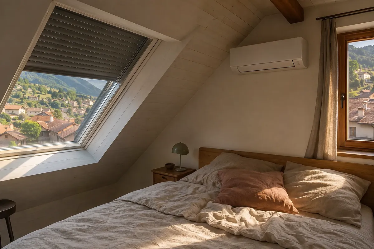 Chambre sous toiture en Suisse romande avec fenêtre de toit protégée par un store extérieur et unité murale discrète