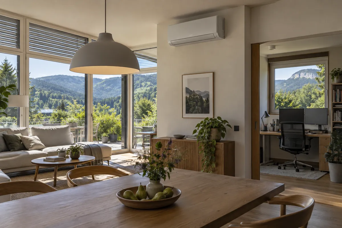 Intérieur d’une maison suisse romande avec séjour vitré, bureau et unité murale de climatisation