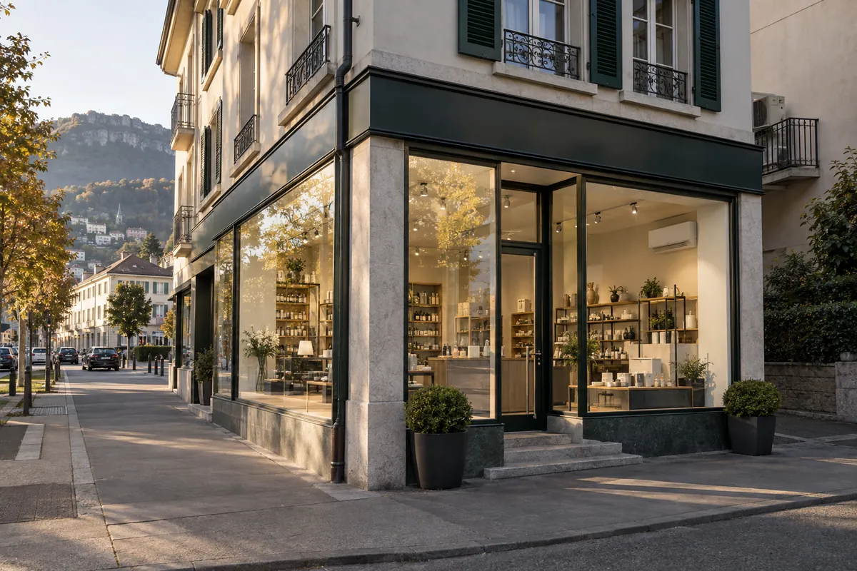Commerce vitré dans une rue suisse romande avec relief en arrière-plan et unité intérieure de climatisation visible