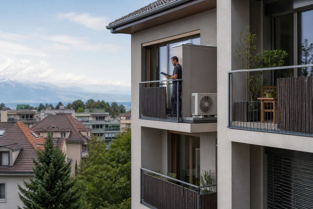 Technicien contrôlant une unité extérieure de climatisation sur le balcon d'un immeuble résidentiel en Suisse romande, avec des logements voisins visibles
