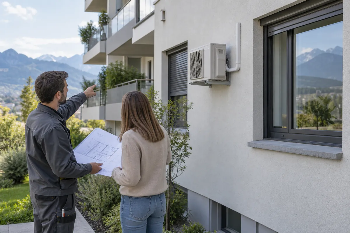 Installateur et propriétaire vérifiant une unité extérieure de climatisation sur la façade d’un immeuble résidentiel suisse romand