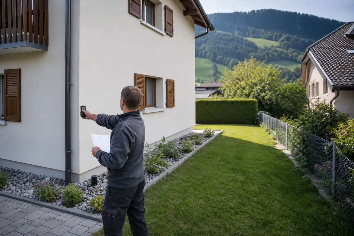 Installateur mesurant l'emplacement d'une pompe à chaleur air-air près d'une maison du canton de Fribourg, avec les collines boisées et les toits du quartier en arrière-plan