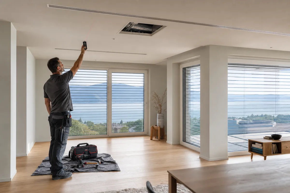 Installateur mesurant un plafond avec diffuseurs linéaires et gaine apparente dans un appartement de Suisse romande, avec le Léman et le Jura en arrière-plan