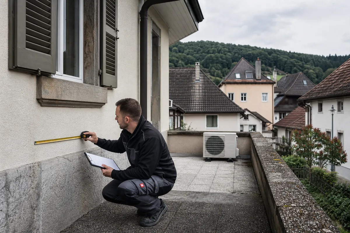 Technicien préparant l'installation d'une climatisation sur une terrasse d'une maison jurassienne, avec les toits du Jura et les collines boisées en arrière-plan