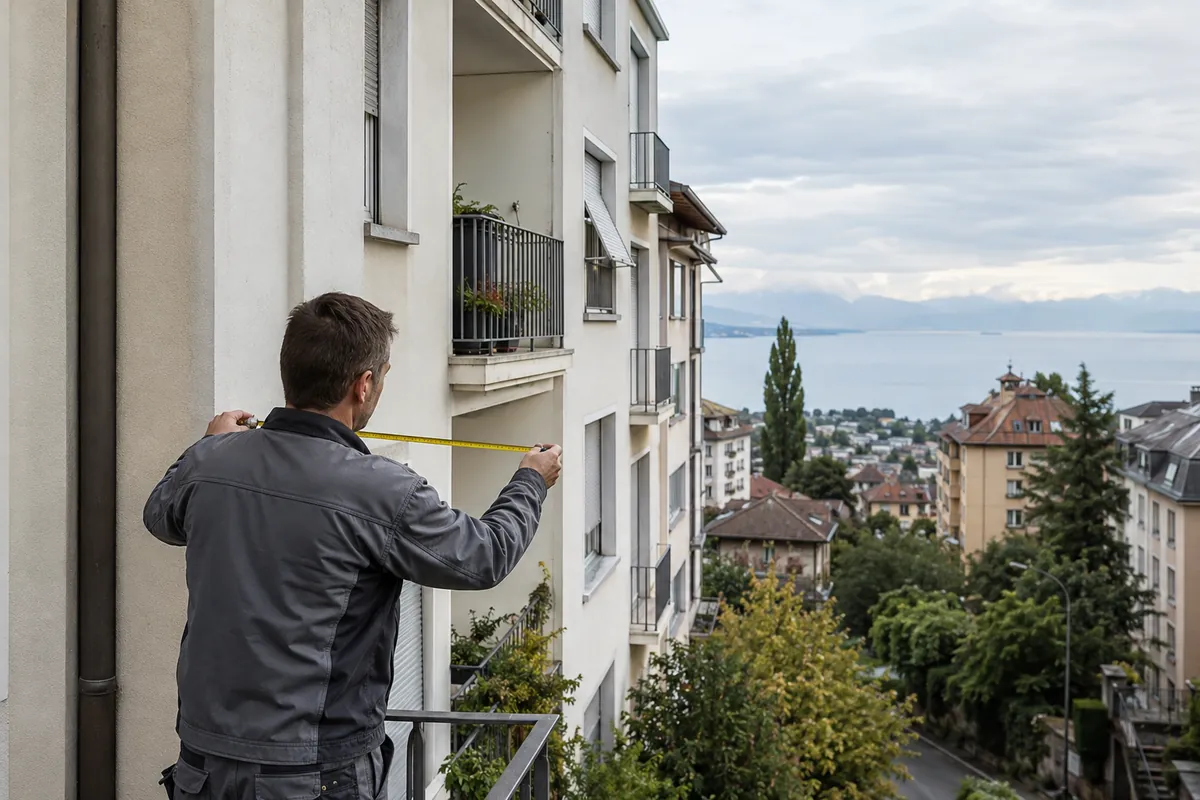 Installateur mesurant la façade d’un immeuble résidentiel à Lausanne avec le lac Léman en arrière-plan