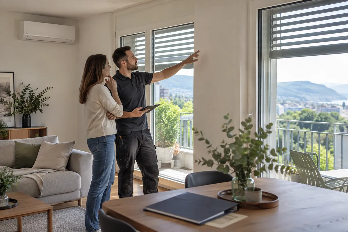 Locataire et installateur examinant l’emplacement d’une climatisation dans un appartement suisse romand avec stores extérieurs et relief lémanique