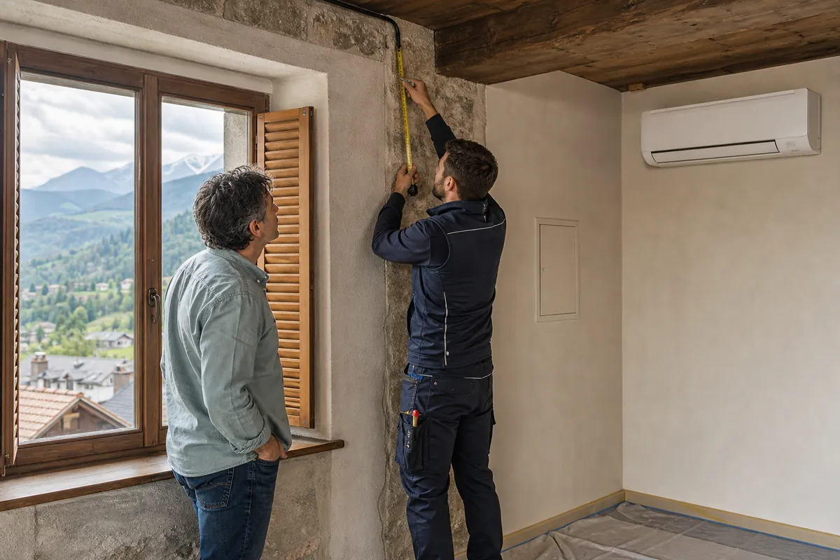 Visite technique pour une climatisation dans une maison ancienne de Suisse romande, avec mur épais et fenêtre à volets