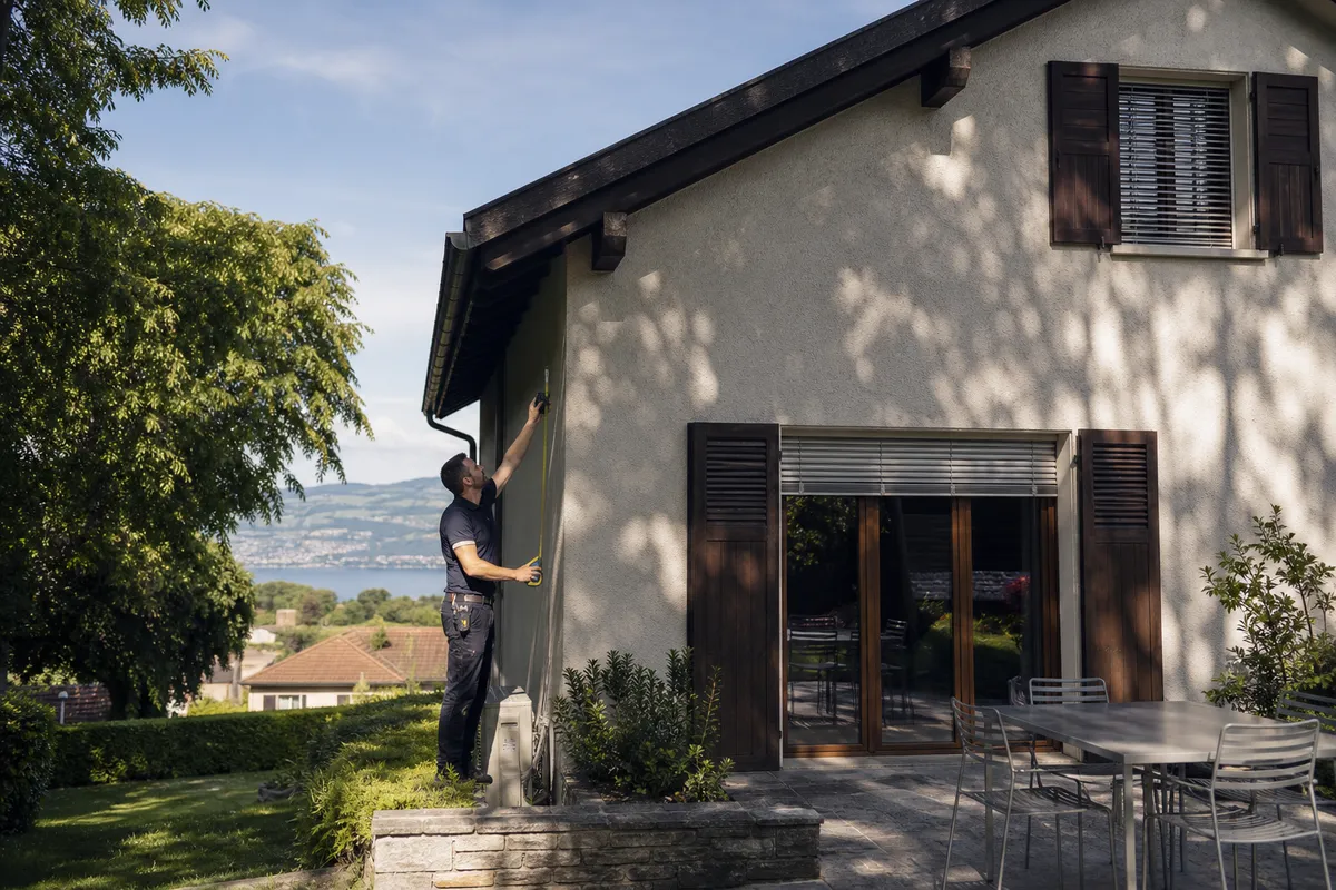 Technicien mesurant la façade d'une maison en Suisse romande près du lac Léman, avec stores extérieurs et unité de climatisation discrète