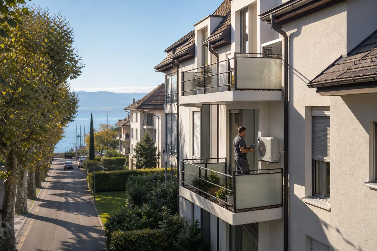 Technicien vérifiant une climatisation sur le balcon d'un immeuble résidentiel à Morges avec le lac Léman et le Jura en arrière-plan
