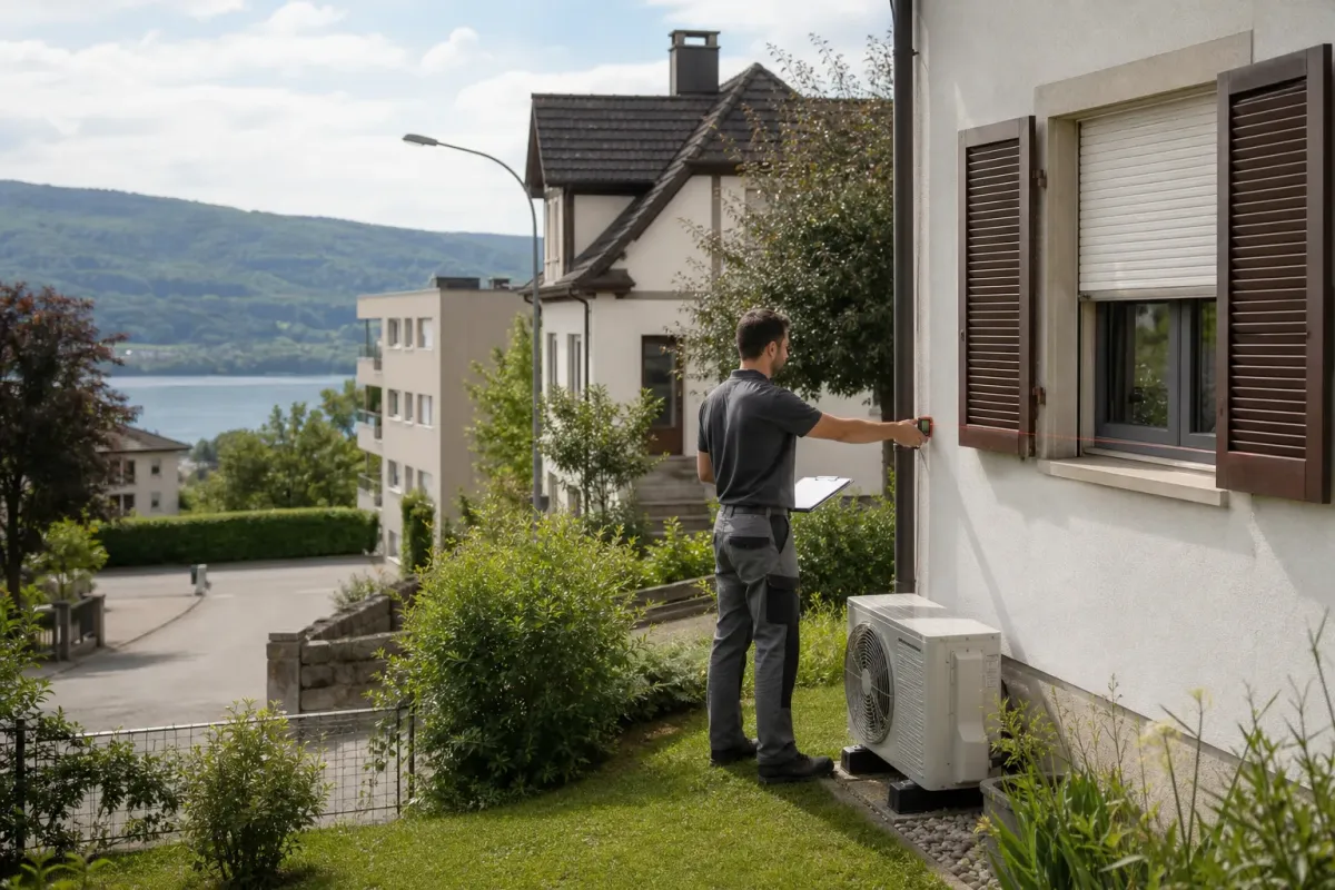 Technicien mesurant l'emplacement d'une pompe à chaleur air-air près d'une maison résidentielle à Neuchâtel, avec le lac et les collines du Jura en arrière-plan