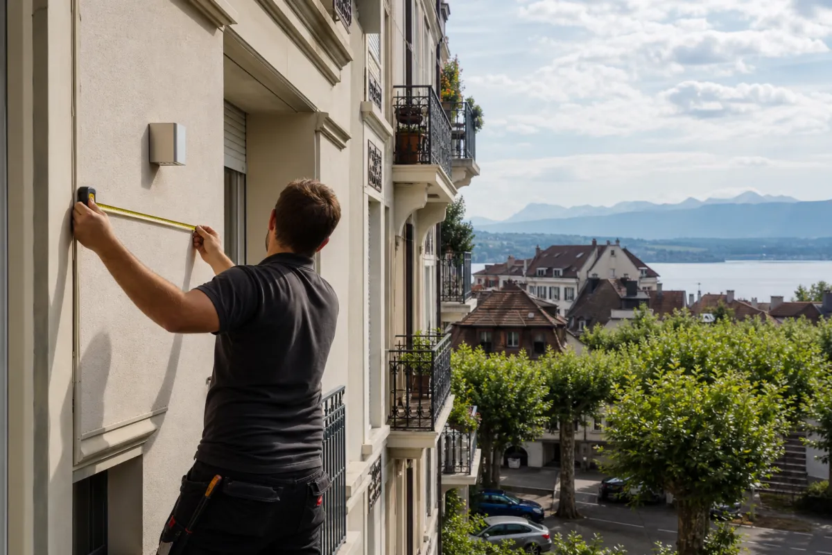 Technicien mesurant l'emplacement d'une future unité extérieure sur la façade d'un immeuble à Nyon, avec le lac Léman et le Jura en arrière-plan