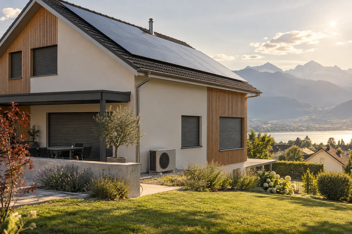 Maison suisse romande équipée de panneaux photovoltaïques et d’une unité extérieure de climatisation, avec relief alpin en arrière-plan