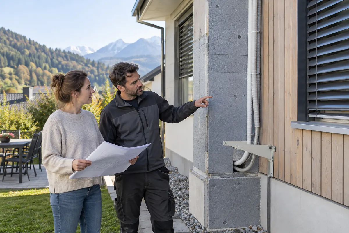 Propriétaire et installateur vérifiant le futur emplacement d’une climatisation sur une maison suisse romande en rénovation