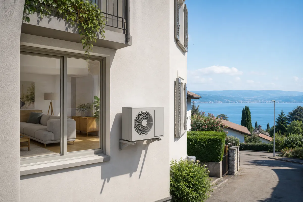 Unité extérieure de pompe à chaleur air-air sur un immeuble résidentiel vaudois, avec le Léman en arrière-plan