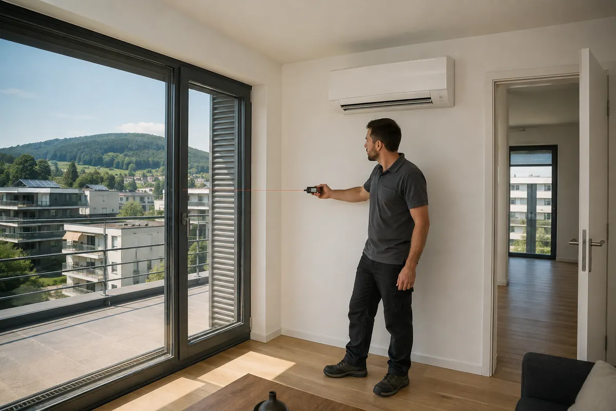 Visite technique d'une PAC air-air dans un appartement de Suisse romande, avec mesure de la pièce et vue sur les collines