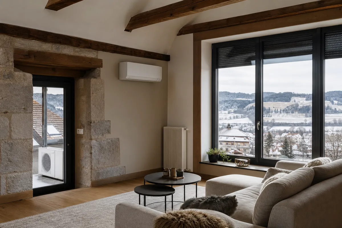 Salon d'une maison ancienne rénovée en Suisse romande avec unité murale air-air en mode chauffage, stores extérieurs et paysage hivernal du Plateau suisse