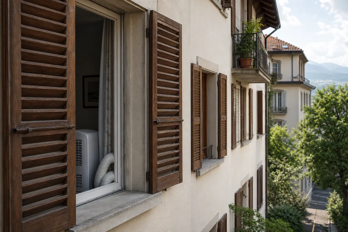 Climatiseur mobile installé derrière une fenêtre à volets dans un immeuble résidentiel de Suisse romande, avec les Alpes en arrière-plan