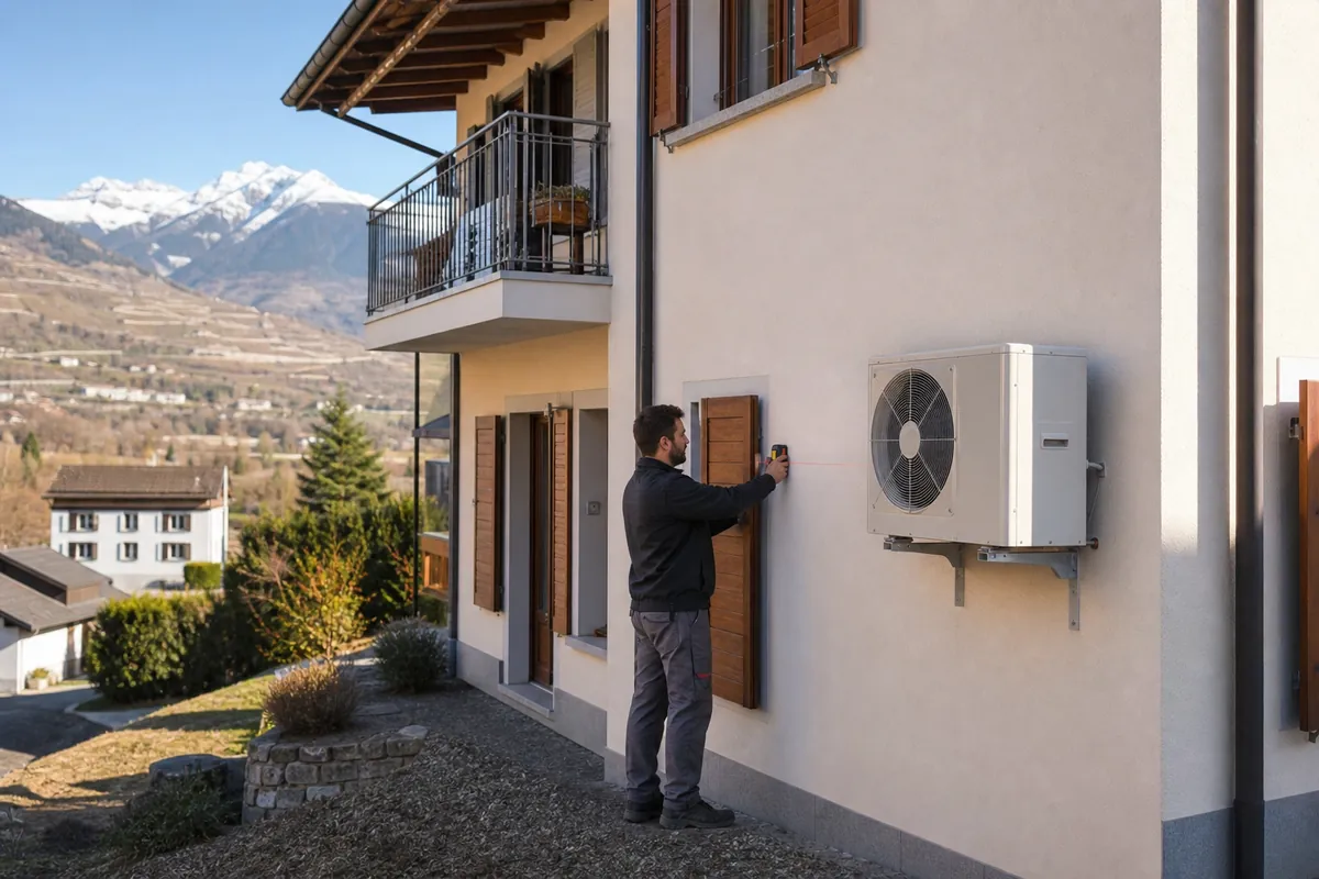 Technicien mesurant l'emplacement d'une unité extérieure sur un immeuble résidentiel de Sierre, avec les coteaux valaisans en arrière-plan