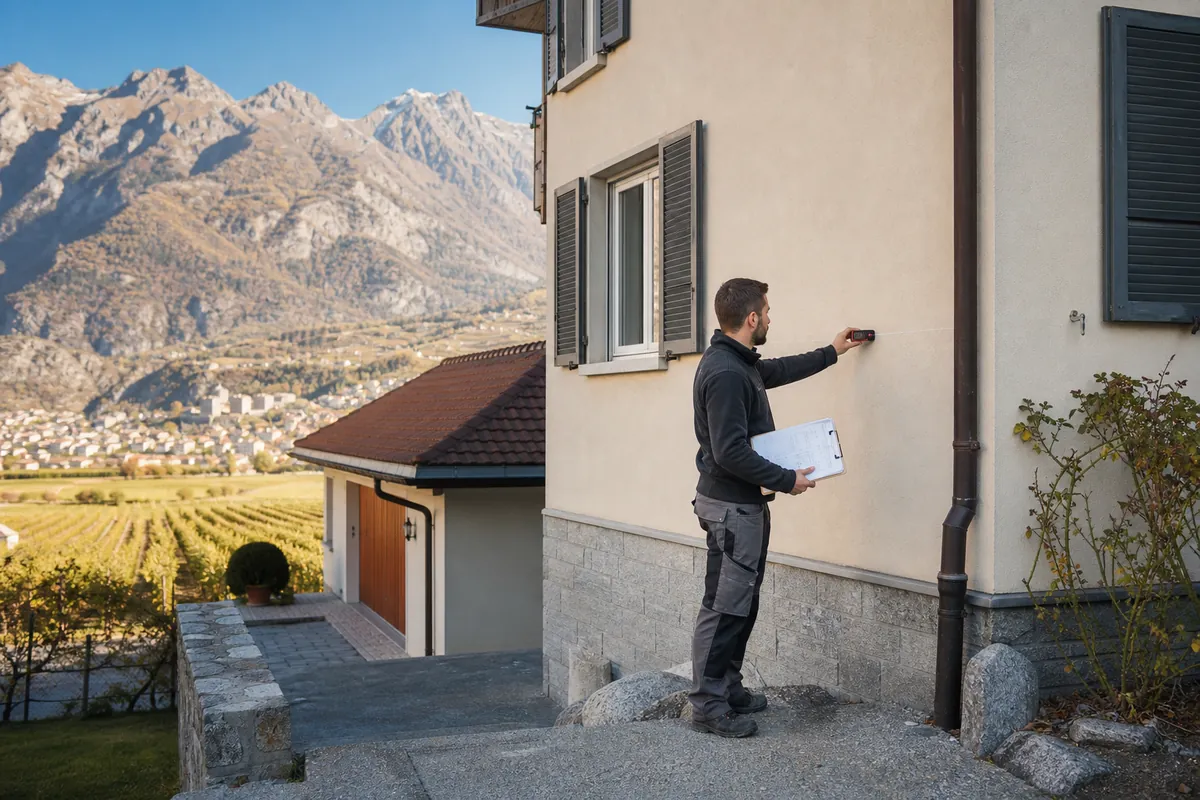 Installateur mesurant l'emplacement d'une unité extérieure près d'une maison à Sion, avec les vignes et les Alpes valaisannes en arrière-plan