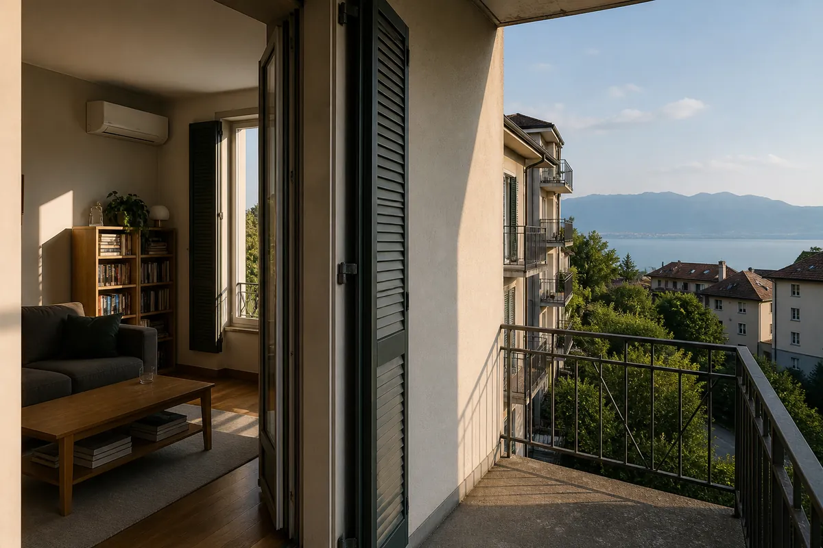 Salon d'un appartement vaudois avec split mural près d'une fenêtre à volets, balcon et vue sur le Léman et les Préalpes