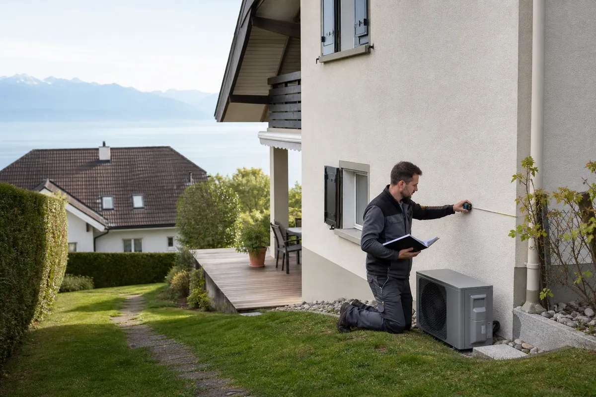 Installateur mesurant l'emplacement d'une pompe à chaleur air-air près d'une maison vaudoise, avec le lac Léman et les Alpes en arrière-plan