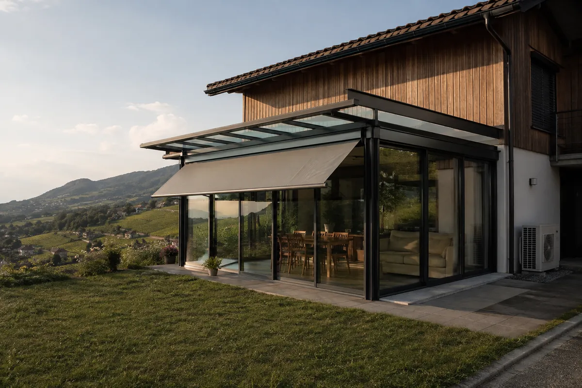 Véranda vitrée d’une maison suisse romande avec store extérieur déployé et relief boisé en arrière-plan