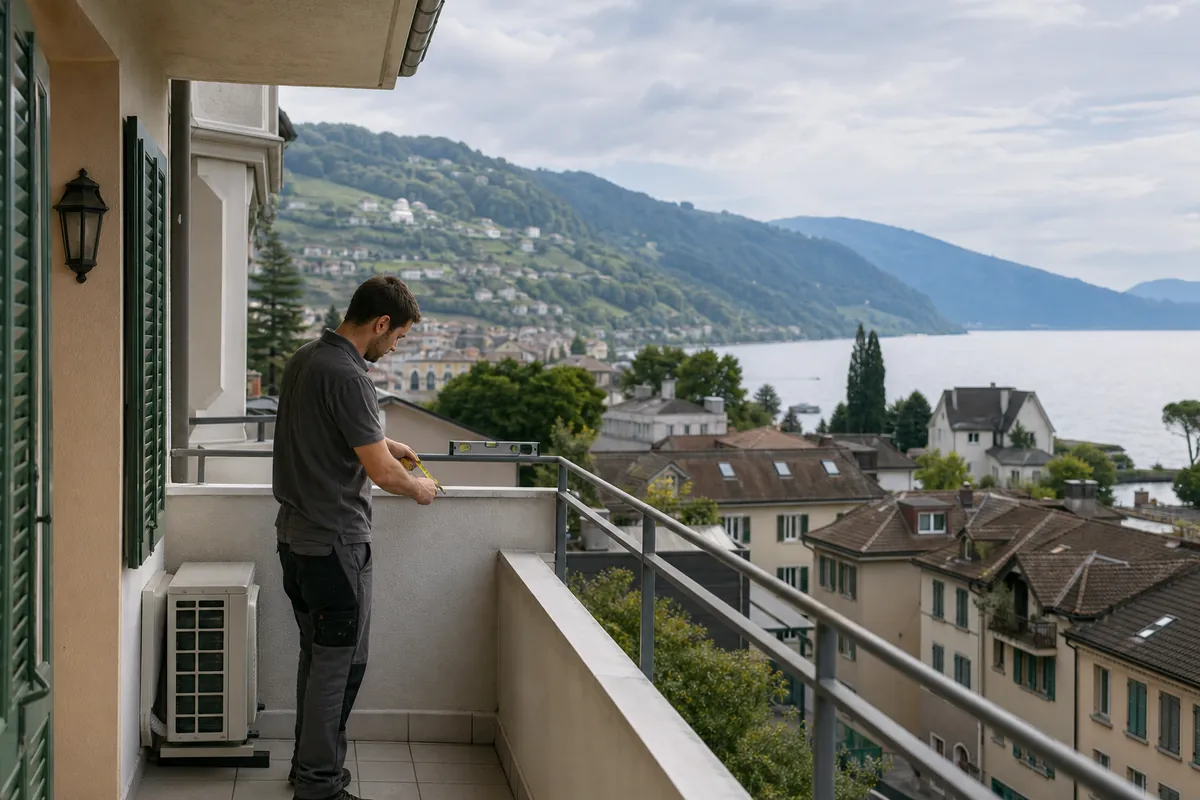 Technicien mesurant l'emplacement d'une future unité extérieure sur le balcon d'un immeuble à Vevey, avec le lac Léman et les coteaux boisés en arrière-plan