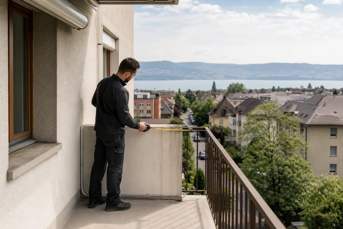 Technicien mesurant l'emplacement d'une future unité extérieure sur le balcon d'un immeuble à Yverdon-les-Bains, avec le lac de Neuchâtel et le Jura en arrière-plan