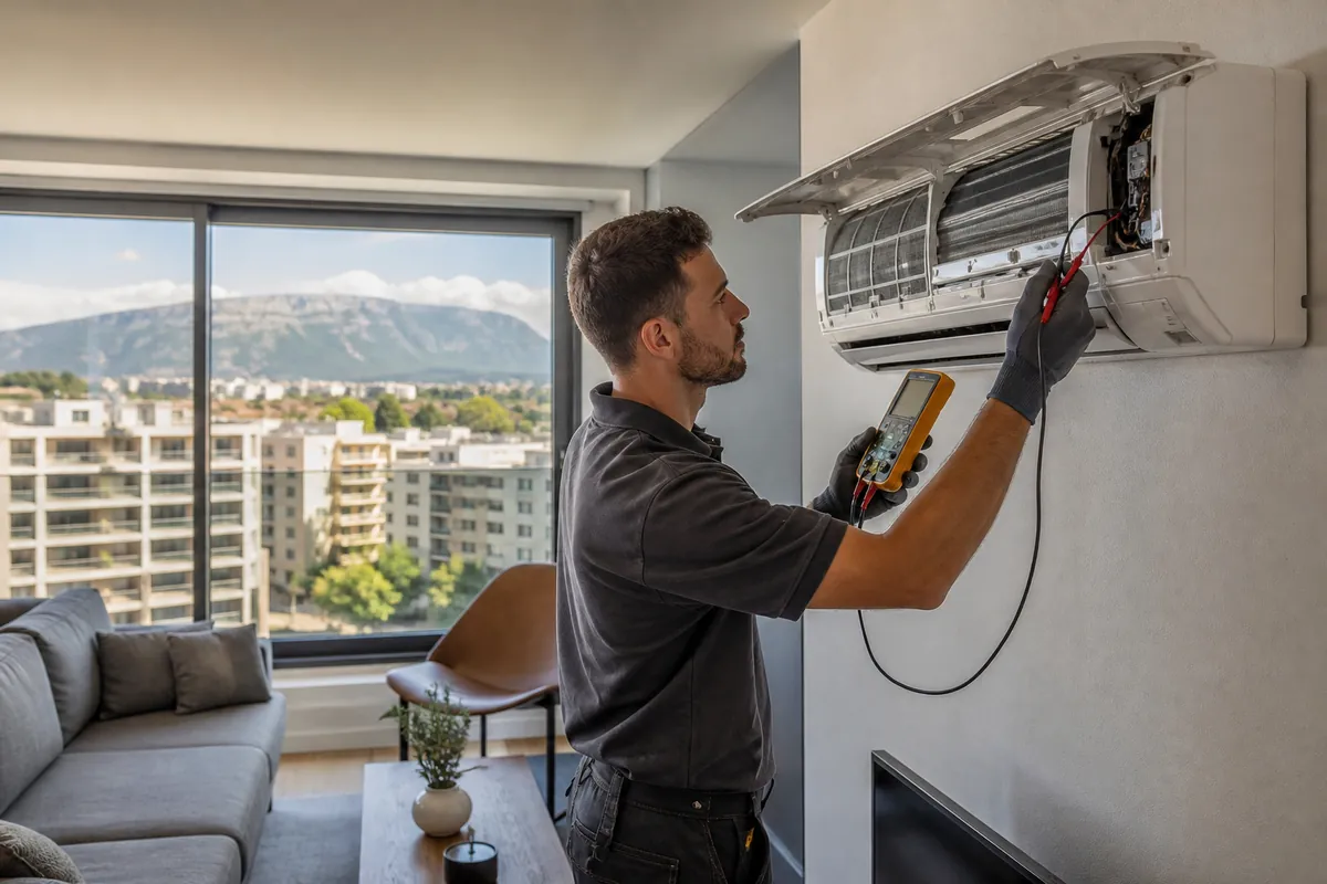Technicien contrôlant une climatisation murale dans un appartement genevois, avec des immeubles et le Salève visibles par la fenêtre
