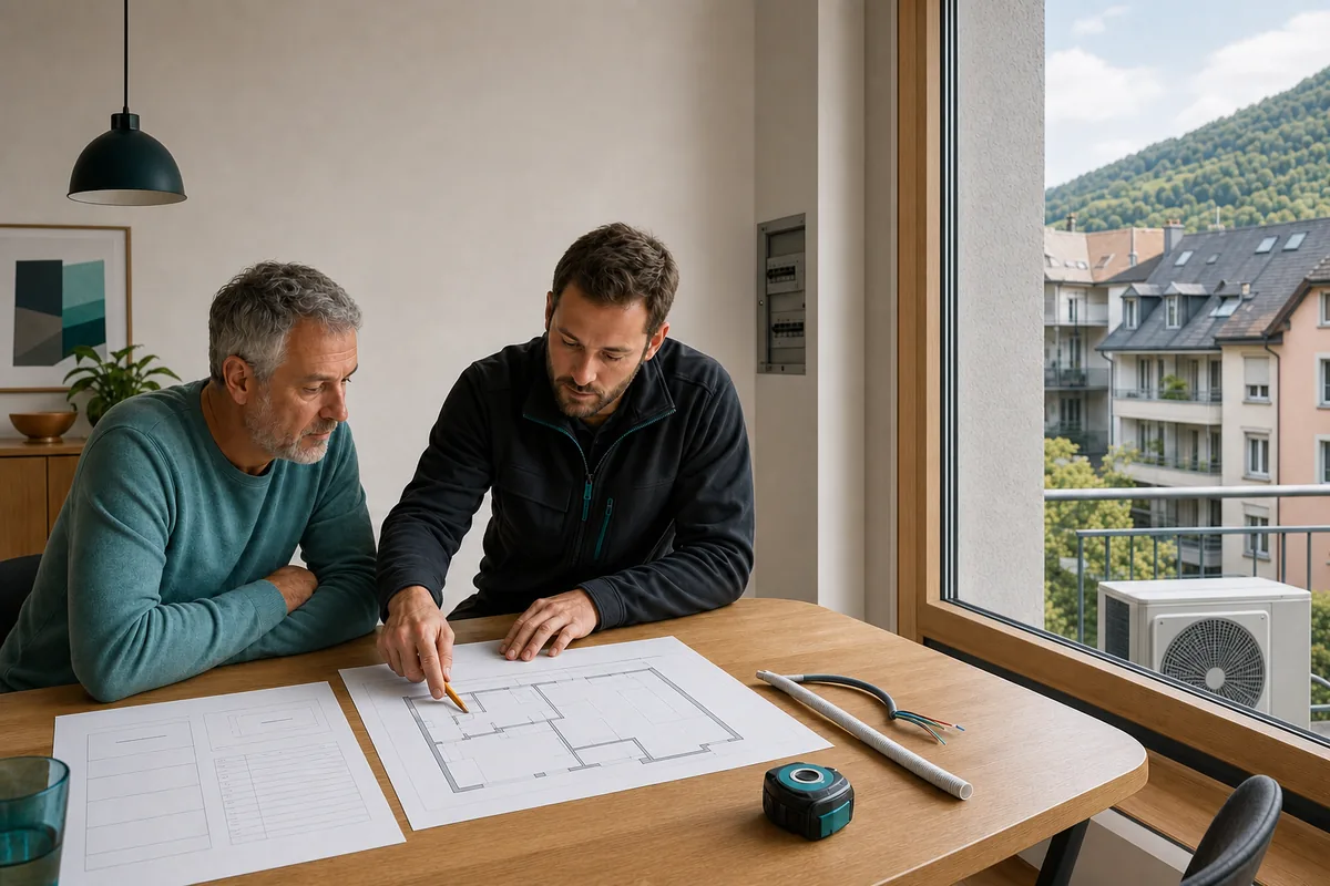 Propriétaire et installateur comparant un devis de climatisation dans un appartement de Suisse romande