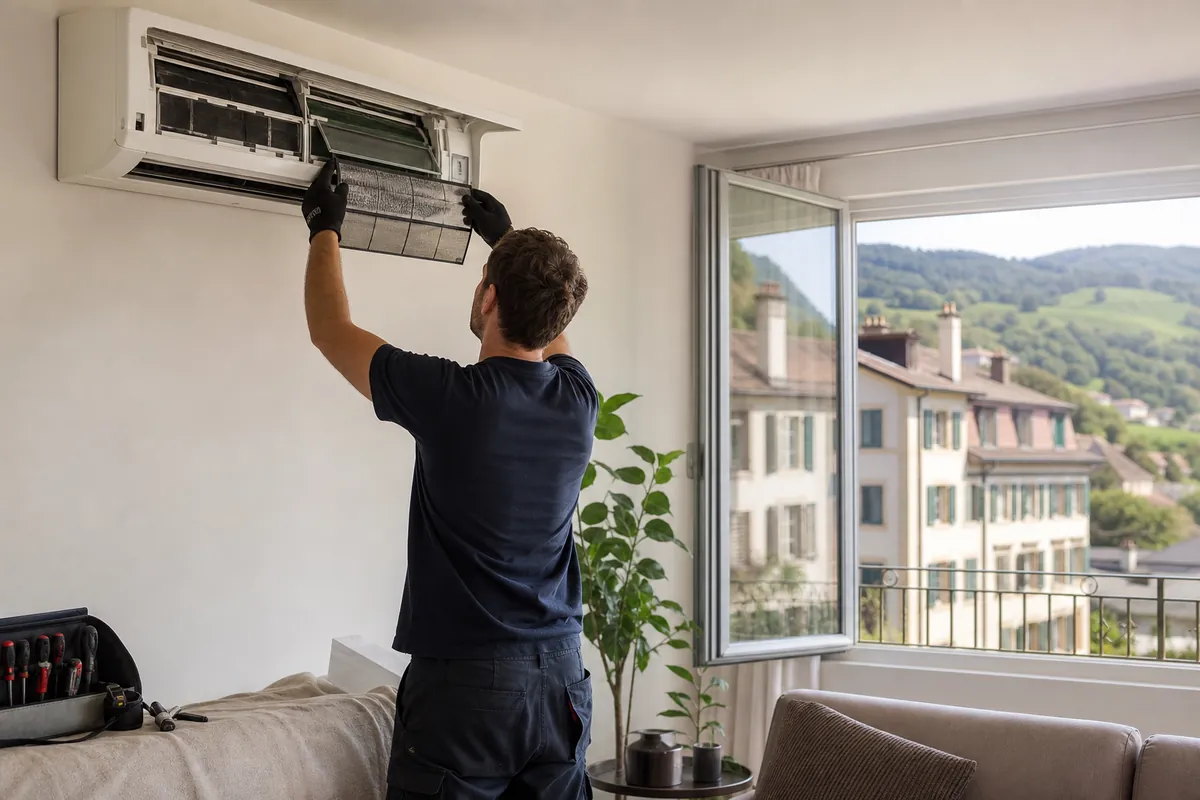Technicien nettoyant le filtre d’une climatisation murale dans un appartement de Suisse romande, avec des collines vaudoises visibles par la fenêtre