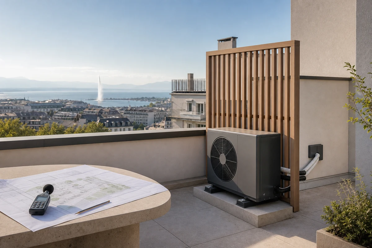 Technicien installant une unité extérieure de climatisation sur façade de bâtiment suisse avec architecture typique