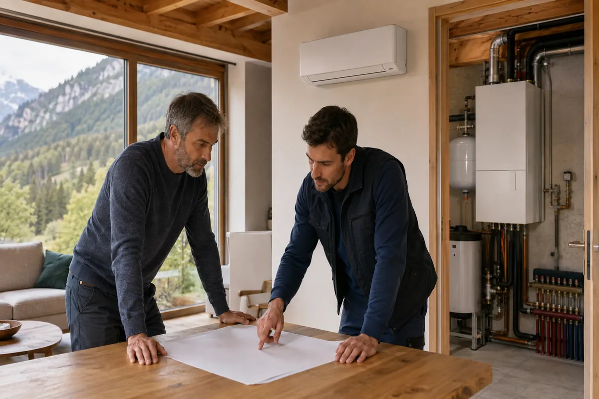 Visite technique dans une maison suisse romande comparant une unité air-air et un circuit de chauffage air-eau