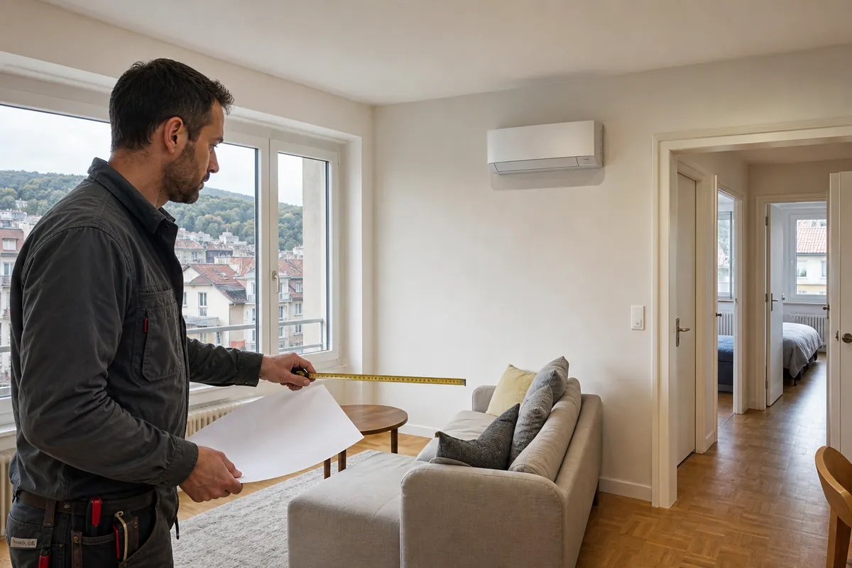 Visite technique d'une pompe à chaleur air-air dans un appartement de Suisse romande, avec mesure du séjour et accès aux chambres