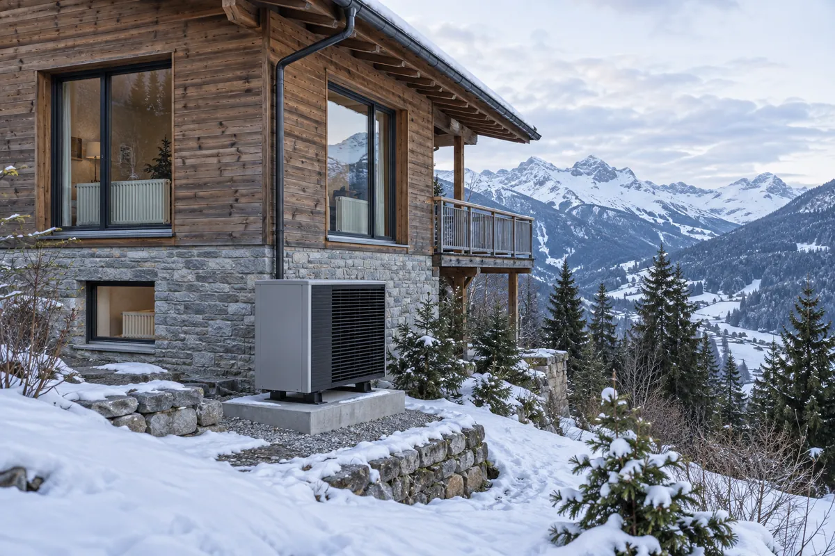Maison suisse romande en altitude avec pompe à chaleur air-eau dégagée de la neige et relief alpin