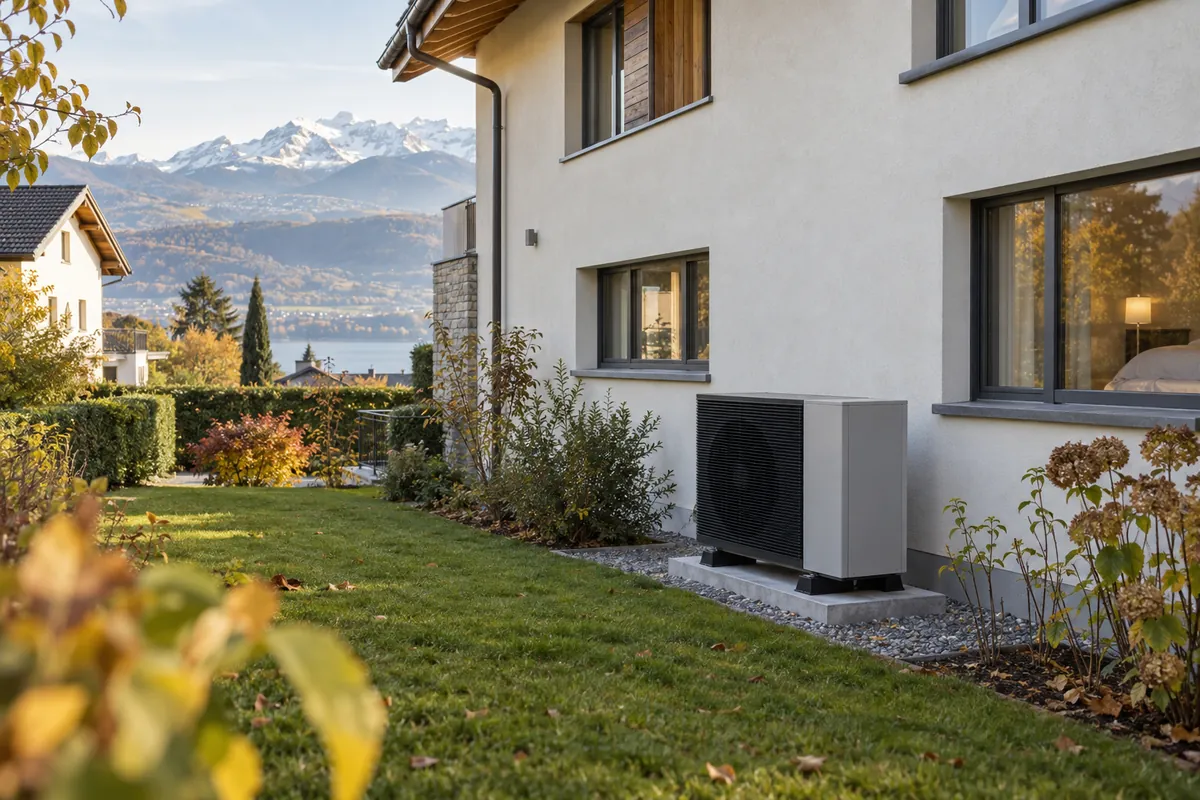 Maison suisse romande avec pompe à chaleur air-eau installée à distance des fenêtres, sur fond de relief alpin