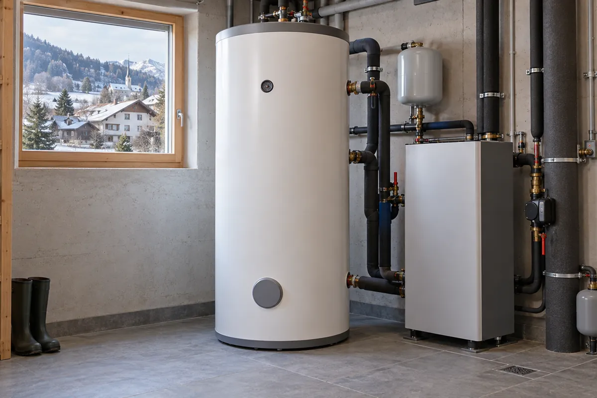 Ballon d’eau chaude sanitaire relié à une pompe à chaleur air-eau dans une maison suisse romande en hiver