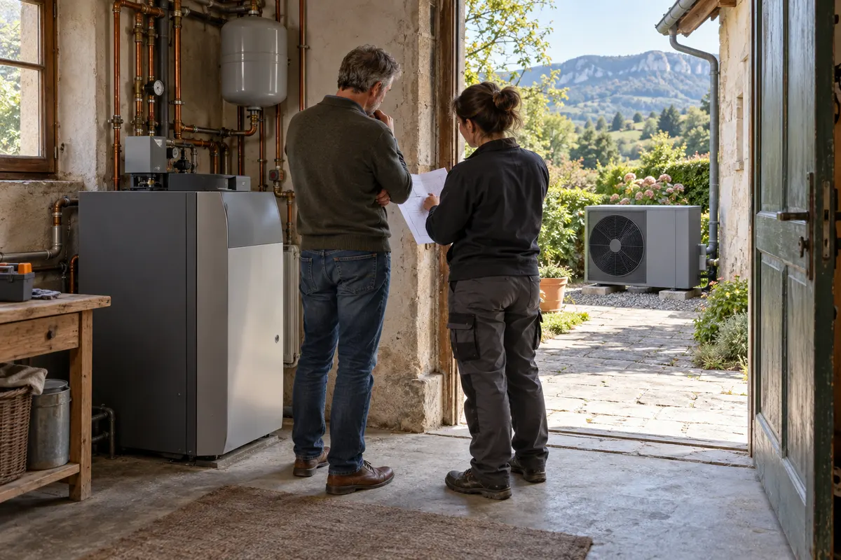 Une installatrice examine la chaudière existante avant un projet de pompe à chaleur air-eau dans une maison ancienne