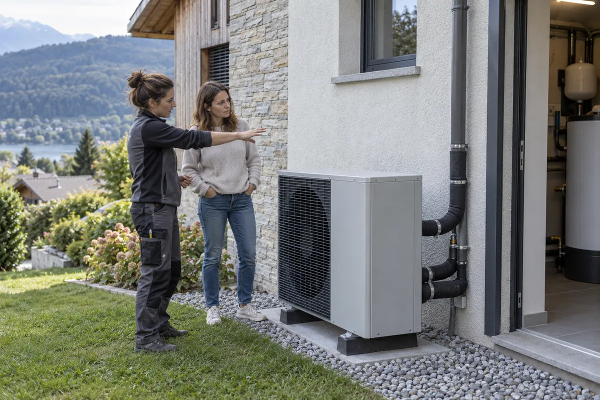 Installatrice et propriétaire examinent une pompe à chaleur air-eau près d’une maison suisse romande, avec le local technique visible