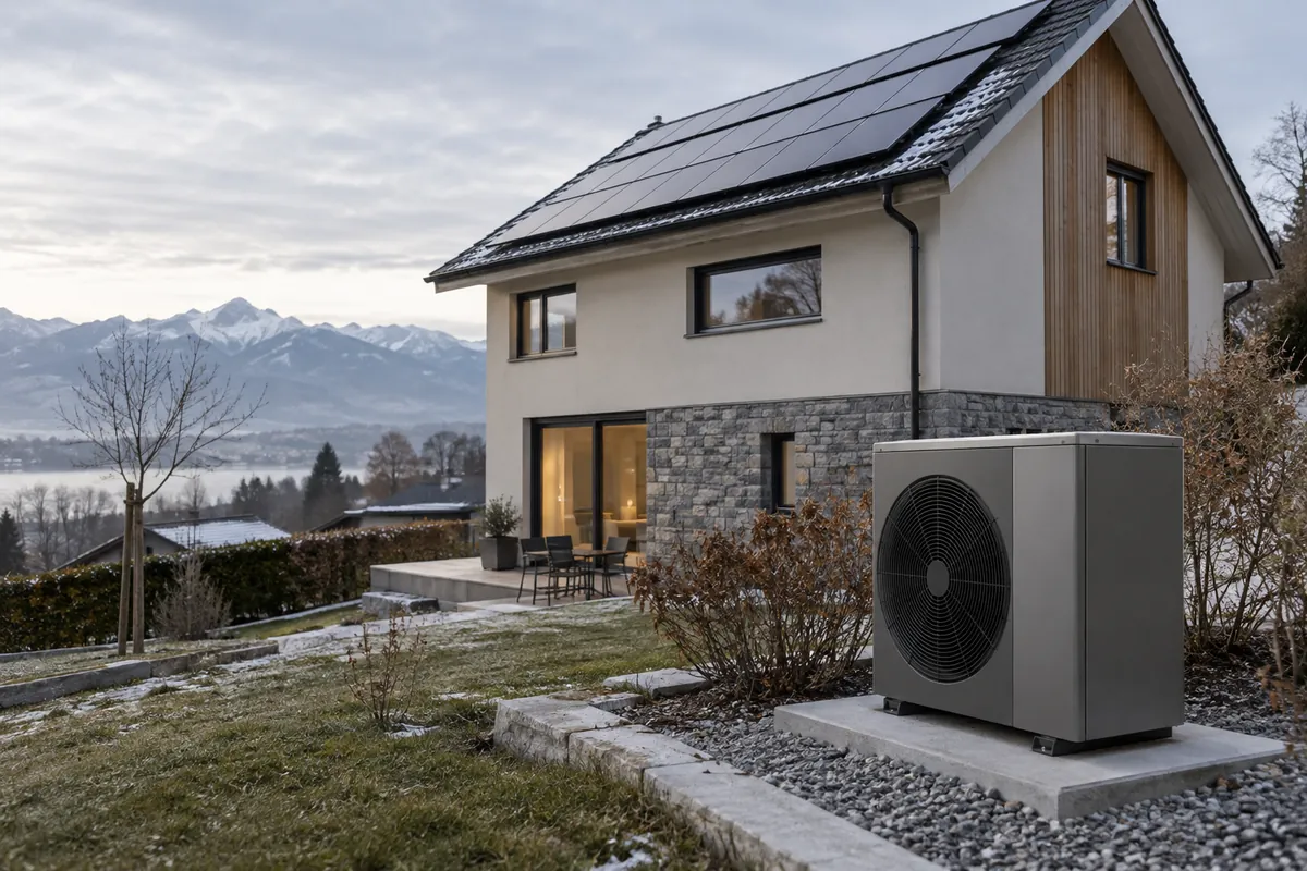 Maison suisse romande avec panneaux photovoltaïques et unité extérieure de pompe à chaleur air-eau dans une lumière hivernale