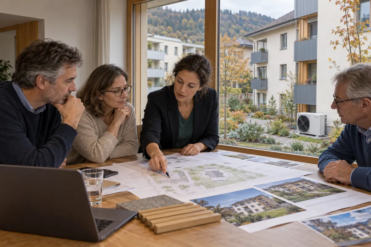 Réunion de copropriétaires autour d’un projet de pompe à chaleur air-eau dans un immeuble de Suisse romande