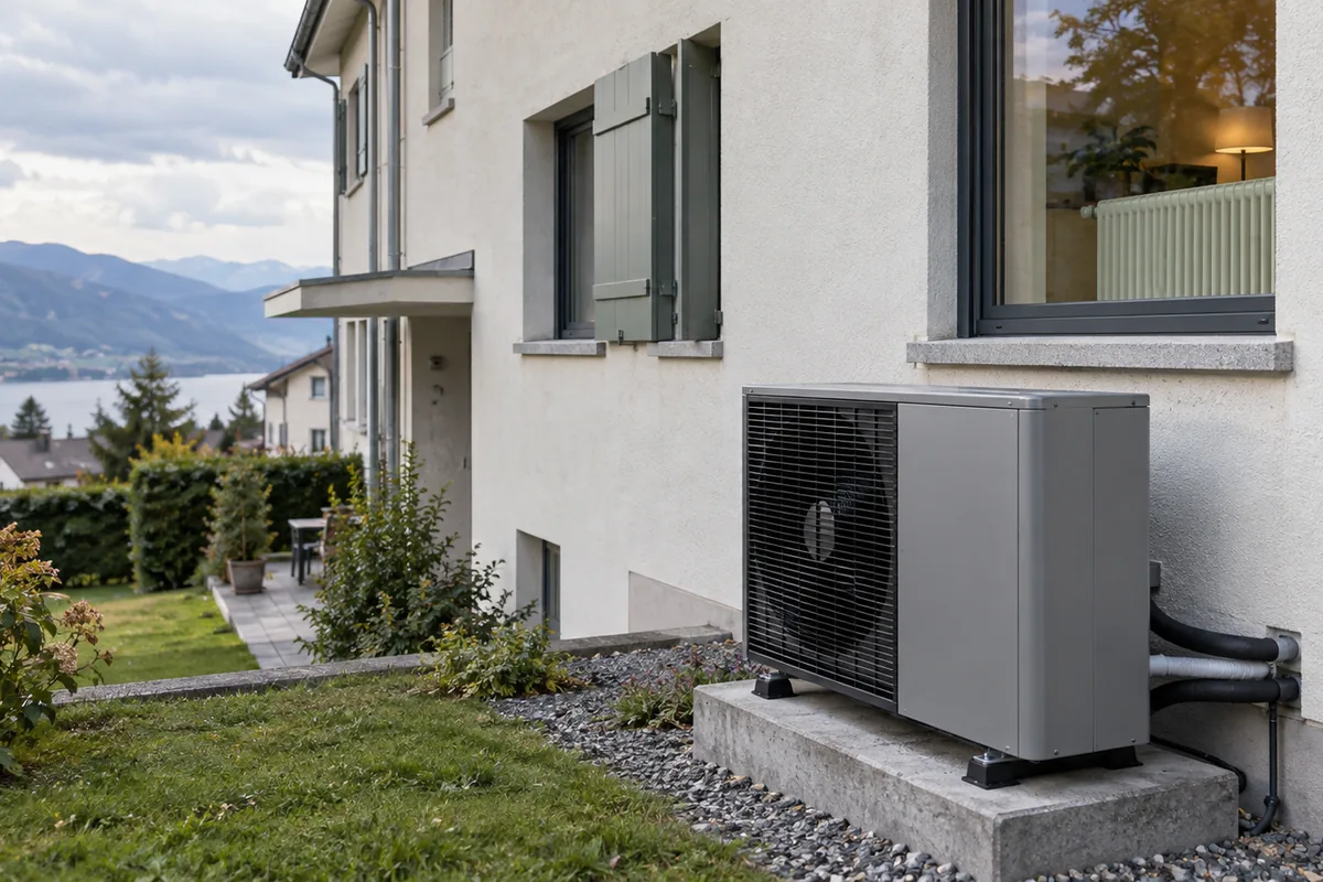 Unité extérieure de pompe à chaleur air-eau devant une maison résidentielle au bord du Léman